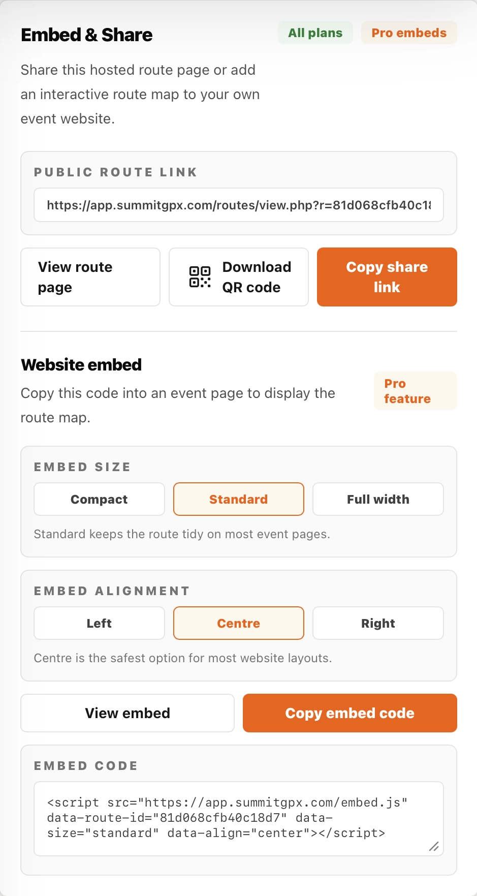Route sharing and embed screenshot