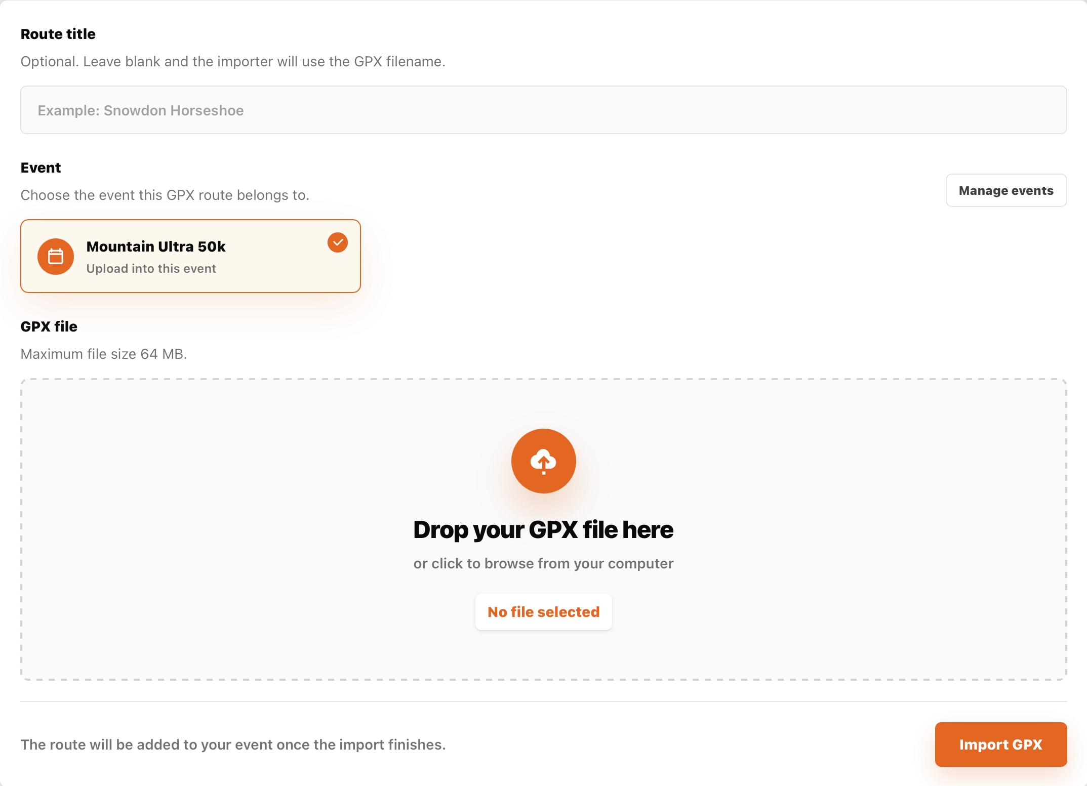 GPX route upload screenshot